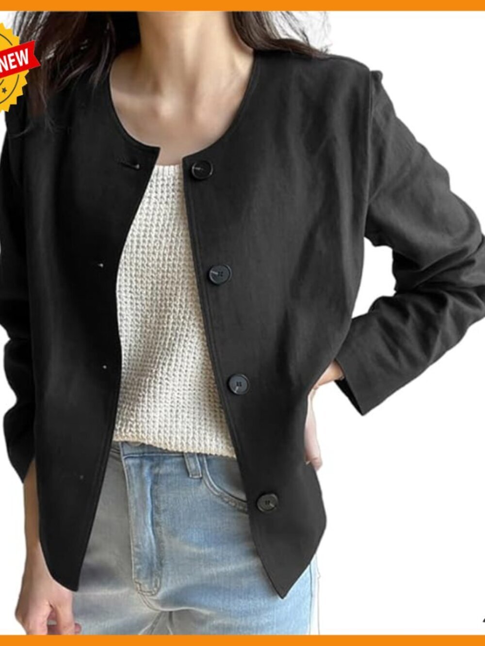 Lightweight Linen Blazer Cardigan, Crewneck Long Sleeve, Casual Spring Summer